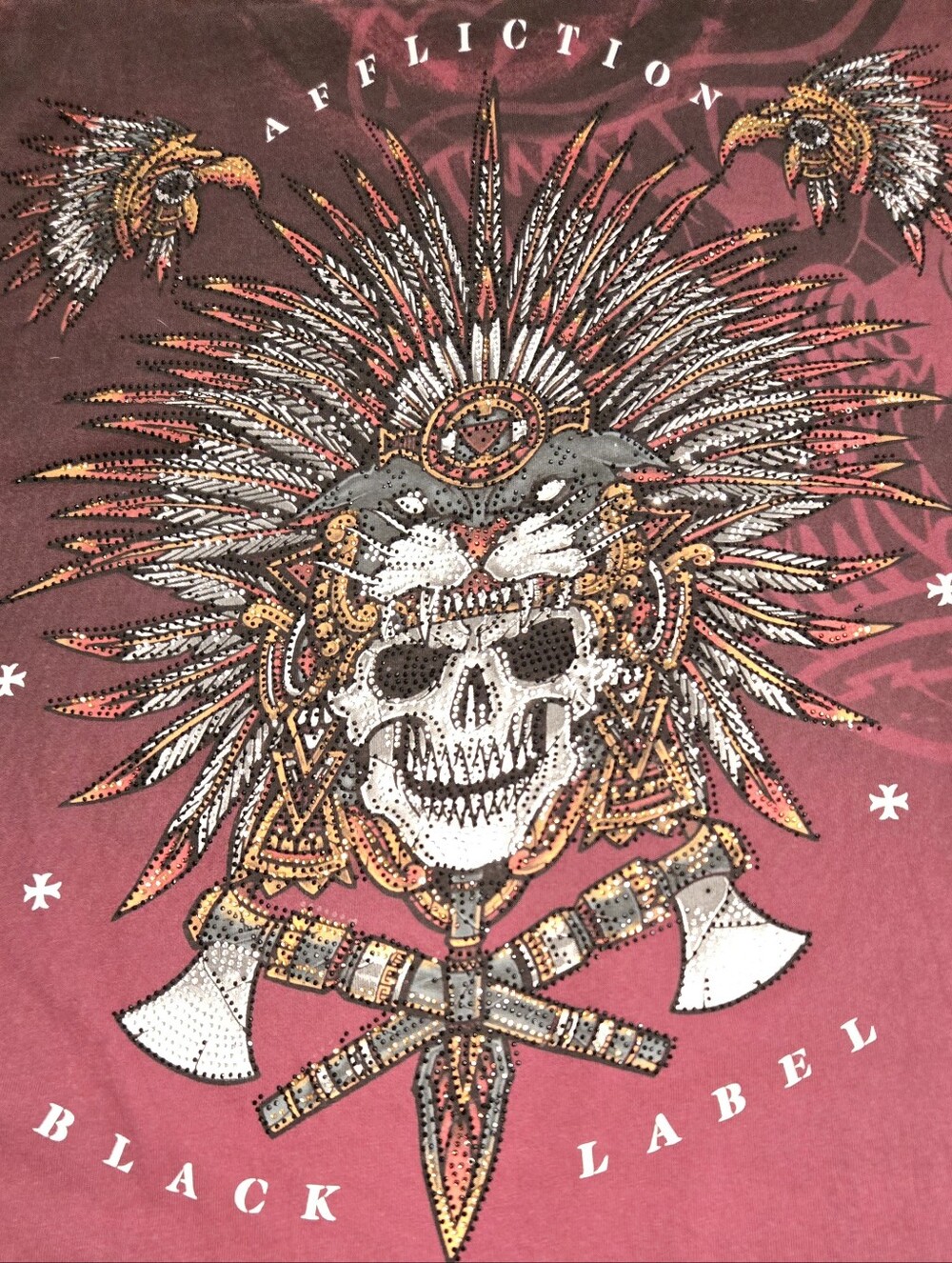Affliction Black Label ,Red Graphic Tee with Skull & Feather Headdress